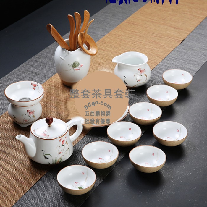 5Cgo 568903596219 簡約茶杯手繪粗陶茶壺茶漏茶海喝茶功夫茶具套裝整套茶具品茗杯斗笠杯茶壺含六君子 AGL84100