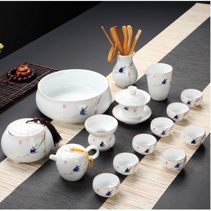 5Cgo 563656579388 德化白瓷茶具手繪荷花鳥陶瓷茶壺品茗杯蓋碗功夫泡茶整套茶具套裝含茶洗茶葉罐六君子 AGL08200 