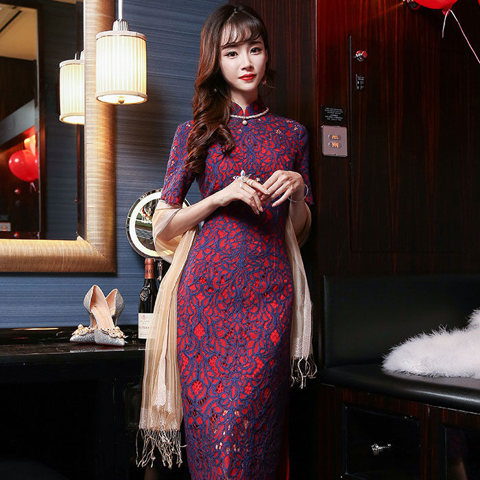 5Cgo 558132964563 夏季新款旗袍舞會年會禮服秋季新款女端莊大氣蕾絲旗袍連衣裙中長款改良旗袍日常裝 HJT47300