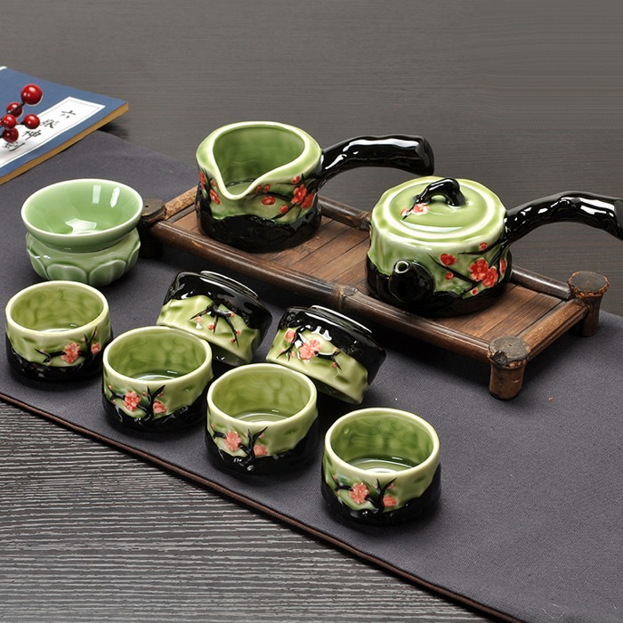 5Cgo 521689020333 手彩樹樁側把壺茶壺品茶杯公道杯功夫茶具套裝陶瓷手繪寒梅花辦公室裝家送禮AGL03200