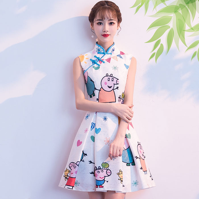 5Cgo 571661366688 新款夏季禮服舞會宴會時尚改良版短款現代年輕款清新少女主持小香風旗袍連衣裙 HJT82200