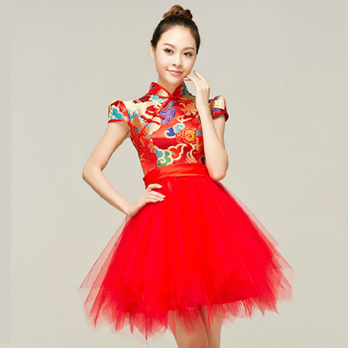 5Cgo 16101949870 結婚禮服旗袍 新款時尚改良敬酒服 新娘 紅色蕾絲短款蓬蓬裙  MIK99100 