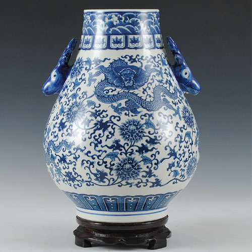 5Cgo15414688375 景德鎮陶瓷器 青花瓷花瓶釉下彩雙耳龍紋花筒 客廳家居裝飾品擺設 SHM00801 