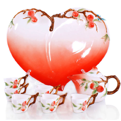  5Cgo 8937200987 8頭法琅瓷壽桃茶具 萬壽無疆 茶具套裝 功夫茶具 結婚生日禮品 MIK862000