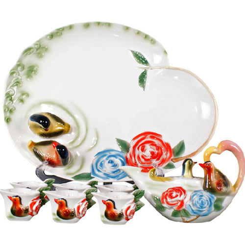 5Cgo  14158451963 法琅瓷鴛鴦戲水8頭茶具-結婚生日禮物-擺件-商務送禮 MIK87200