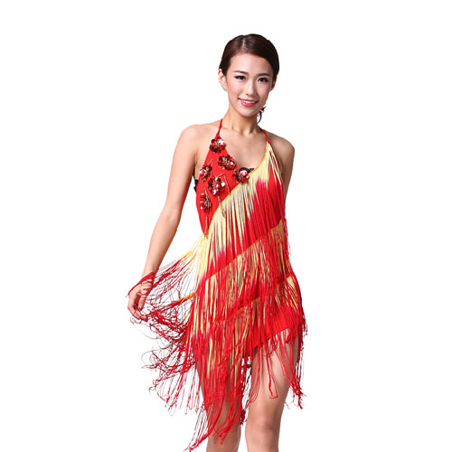5Cgo 16386442681 拉丁舞表演出服裝 吊帶拉丁舞裙 花朵間色流蘇拉丁舞裙 MIK94100