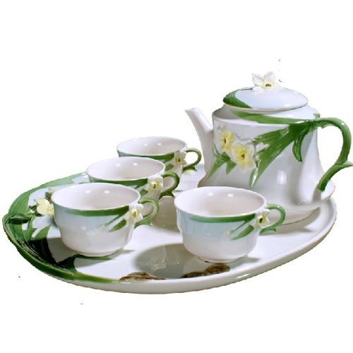 5Cgo 9052976943 琺琅瓷 水仙花 君子蘭 陶瓷茶杯盤 婚慶商業禮品 功夫茶具 欣欣向榮 (1盤1壺4杯) AGL02200