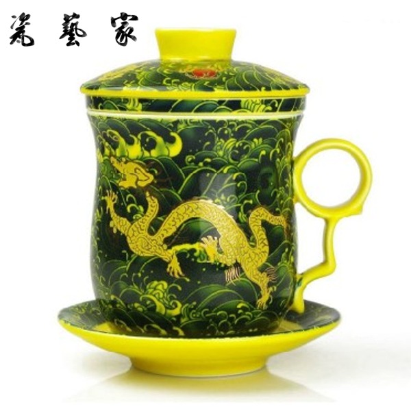 5Cgo 19186976551 景德鎮陶瓷 過濾泡茶杯 帶蓋 帝王黃 雙龍搶珠 320ml MIK05000