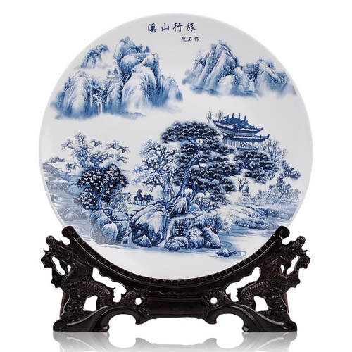 5Cgo 35cm瓷盤 青花雪景 陶瓷裝飾 盤子 溪山行旅 工藝品 花盤現代家飾客廳 擺件 裝飾品 LXM85000