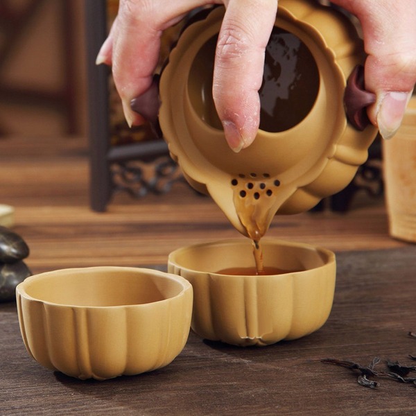 5Cgo 26210452167 辦公茶具 快客杯 吉祥南瓜 一壺二杯 可濾茶葉 便攜陶瓷功夫茶具 AGL04100