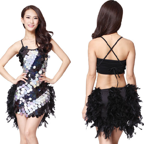 5Cgo 35572560237 拉丁舞表演服肚皮演出服羽毛大圓亮片舞裙比賽裙舞衣跑趴夜店主持服 MIK83100
