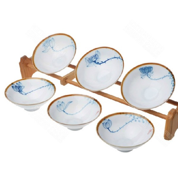 5Cgo 16135866129 手繪薄胎茶具 土豪金描邊 出水芙蓉蓮花(六個杯) 陶瓷斗笠杯 荷花小茶碗 品茗杯 青花瓷功夫茶杯 泡茶 青花/彩繪 AGL09000