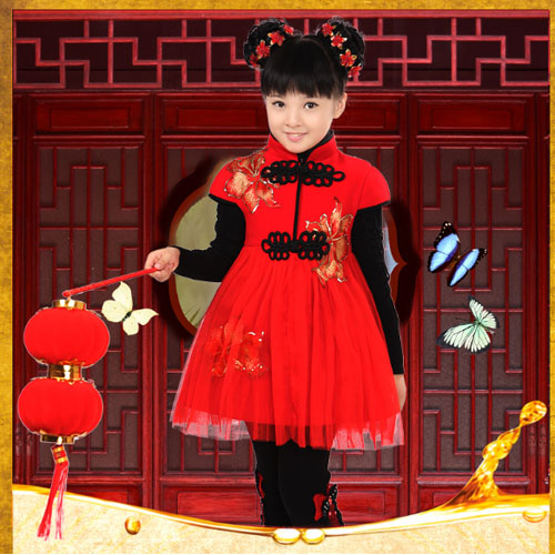 5Cgo 20137046104 兒童唐裝冬季女童新年款演出禮服夾棉衣裙旗袍棉襖(錦上添花) GSX82100