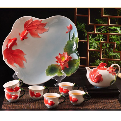 5Cgo  17921348828 魚水情深 功夫茶具 整套功夫茶具套裝 新婚喬遷送禮茶具茶盤 茶壺 杯子  CHX85200