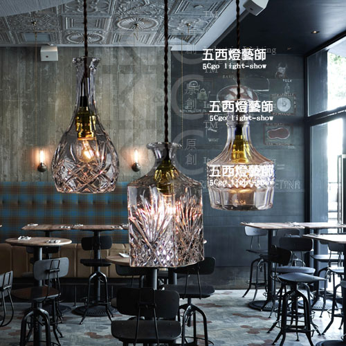 5Cgo 35780580153 loft創意水晶玻璃吊燈餐廳吧台酒吧燈簡約個性酒瓶燈 透明/磨砂 三頭一字吸頂盤  SHM41300