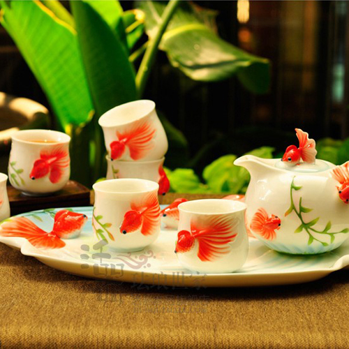 5Cgo 12954582145 魚兒悠悠 茶具結婚禮品 琺琅瓷 下午茶套裝 陶瓷紅茶茶壺茶杯 杯子茶具 CHX85300