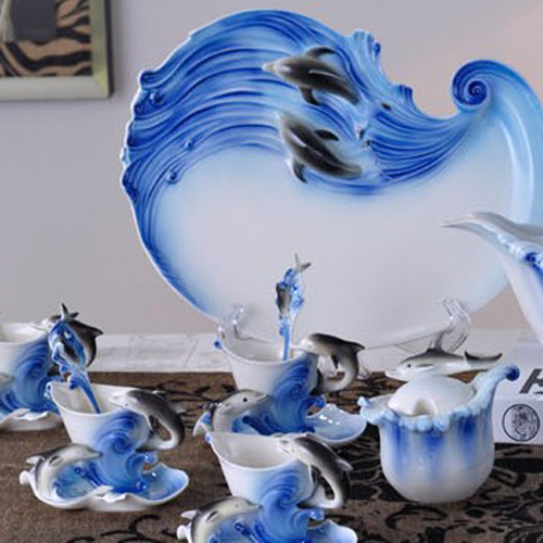 5Cgo 9621635868 骨瓷 咖啡杯套裝 琺琅瓷歐式創意 杯具 海豚的故事 送禮佳品茶杯 茶具 茶盤 杯子 CHX88500