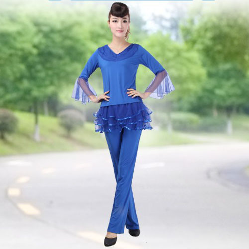 5Cgo 37288845213 廣場舞服裝套裝2014網紗舞衣拉丁跳舞服藍色新款舞蹈裙褲服  ZXJ77000