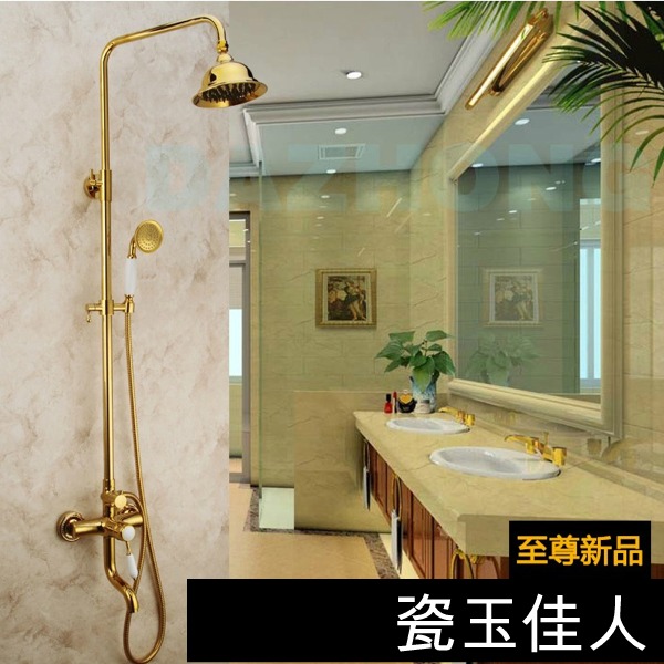 5Cgo 21337852323 衛浴蓮蓬頭8寸頂噴 全銅水龍頭 歐式仿古金色渡金花灑帶升降復古龍頭 瓷玉佳人AGL07500 