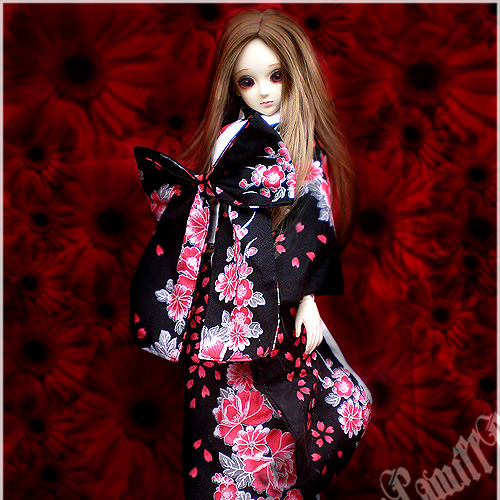 5Cgo 4811882592 BJD/SD 娃衣/衣服/古裝 日本振袖和服 黑底紅牡丹櫻花瓣圖案 MIK84100