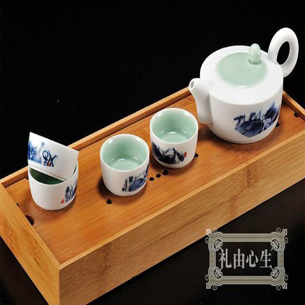 5Cgo 20536912553 婺窯恒壺茶具玉清瓷整套竹茶托盤 手繪青花陶瓷功夫茶具套裝禮品  CJS86700