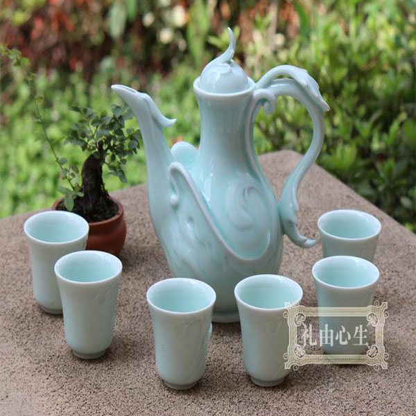 5Cgo 35260790658 手工婺窯飛凰騰達酒具套裝玉青瓷陶瓷 白酒清酒酒杯溫酒壺暖酒壺 CJS98110